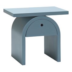 a small blue table with a circular design on it's top and bottom edge