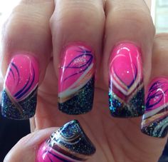 Love the design and colors Pink Purple Blue Nail Designs, Leo Nails, Purple And Silver Nails, Nails Rainbow, Bright Nail Designs, Eye Nail Art, Art Deco Nails