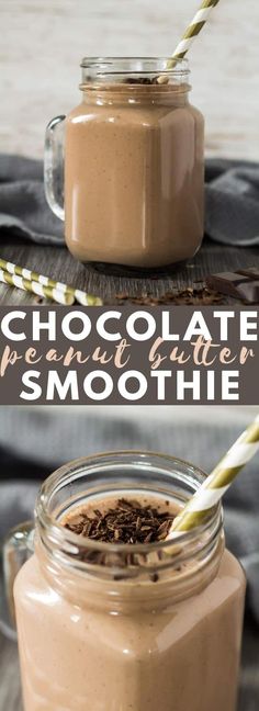 chocolate smoothie in a mason jar with two straws