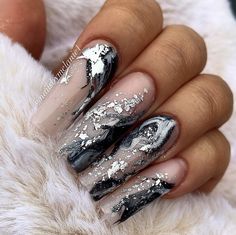 Silver Nail Ideas, Black Silver Nails, Black Marble Nails, Nails With Black, Blue And Silver Nails, Pale Pink Nails, Prom Nails Silver, Silver Nail Designs, Silver Nail Art