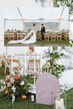 a couple standing in front of a tent with flowers and greenery on the ground