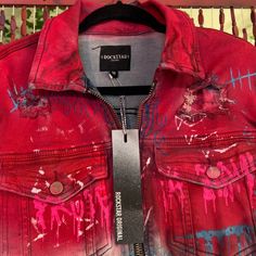 Unisex Jacket Denim Jkt 2% Stretch Red Cotton Denim Jacket For Streetwear, Casual Red Denim Jacket For Streetwear, Red Long Sleeve Denim Jacket For Streetwear, Red Denim Trendy Outerwear, Red Trendy Denim Outerwear, Fitted Red Denim Jacket Casual, Red Fitted Denim Jacket, Red Fitted Denim Jacket Casual, Fitted Red Denim Jacket