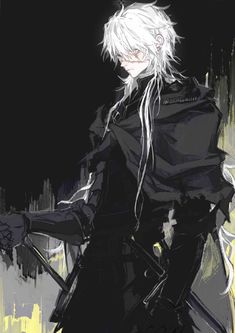 an anime character with white hair and black clothes holding two swords in one hand, while standing