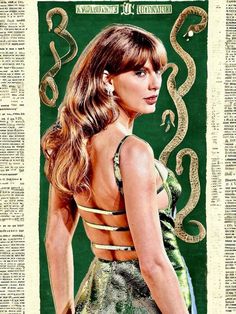 a woman in a green dress with snakes on it's back and the words serpents around her neck