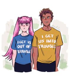 two people standing next to each other wearing t shirts that say i get us into trouble