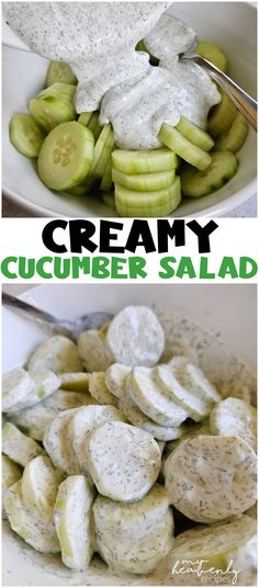 cucumber salad with ranch dressing in a white bowl and on the side it is topped with sliced cucumbers