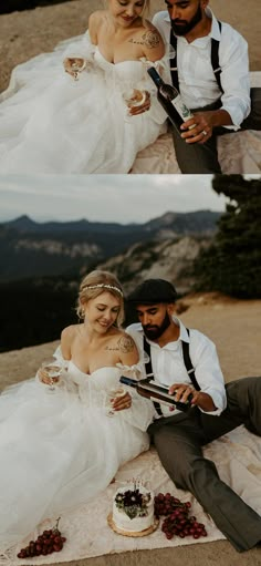 a man and woman sitting on top of a mountain