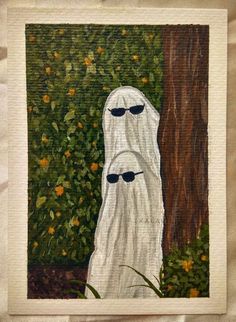 a painting of a ghost standing in front of a tree with sunglasses on its face