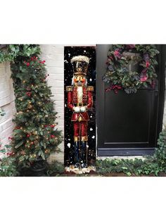 a christmas scene with a nutcracker standing in front of a decorated door and tree