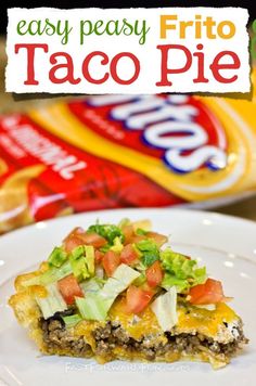 easy peasy frito taco pie on a white plate with a can of soda in the background