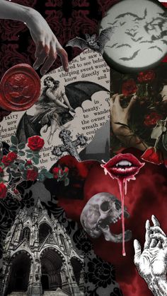 a collage of images with red roses and skulls on them, including two hands reaching for a rose