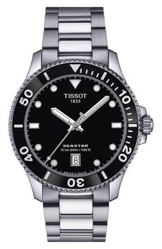 Boasting water resistance to an underwater depth of nearly a thousand feet, this rugged Swiss-made watch is built for divers and water-sports lovers. Set on an interchangeable stainless steel bracelet, the high-performance timepiece also features a unidirectional bezel and luminescent markers for easy readability in low-light conditions. 40mm case; 20mm band width Swiss quartz movement Date window Water-resistant to 30 ATM (300 meters) Scratch-resistant sapphire crystal face 316L stainless steel Cheap Silver Digital Watch With Quartz Movement, Luxury Black Chronograph Watch With Rectangular Dial, Cheap Silver Chronograph Watch Accessories, Luxury Silver Watches For Outdoor, Cheap Silver Digital Watch, Silver Diving Watch With Analog Display, Silver Diving Watch With Chronometer, Silver Diving Chronograph Watch, Modern Silver Chronograph Watch With 10atm Water Resistance