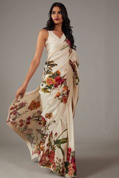 Rohit Bal | Ivory Chanderi Silk Sari And Unstitched Blouse | INDIASPOPUP.COM Luxury Embroidered Chanderi Saree, Luxury Chanderi Saree In Traditional Drape, Cheap Unstitched Art Silk Saree, Cheap Unstitched Saree With Resham Embroidery, Luxury Unstitched Art Silk Traditional Wear, Affordable Embroidered Chanderi Saree, Luxury Tissue Silk Saree With Floral Embroidery, Luxury Art Silk Pre-draped Saree For Evening, Luxury Art Silk Pre-draped Saree For Eid