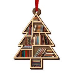 a wooden christmas tree shaped book shelf with books on it's shelves and a red ribbon hanging from the top