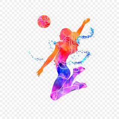 a woman playing basketball in the air with watercolor splashs on her body and legs