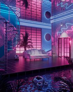 a living room filled with furniture and pink lighting