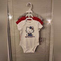 3 Hello Kitty Onies. Each Are Different. They Are So Cute. 3/6 Months. 1 Red 1 Blue 1 Grey See Pics For Each Look Hello Kitty Baby, Kitty Clothes, Short One Piece, Hello Kitty Clothes, Bodysuit Shirt, Kitty Baby, Soft Pants, Girl Onesies