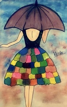 a drawing of a woman holding an umbrella