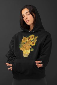 Sunflowers - Vincent Willem van Gogh * 50% pre-shrunk cotton, 50% polyester * Fabric weight: 8.0 oz/yd² (271.25 g/m²) * Double-lined hood with matching drawcord * 1x1 athletic rib-knit cuffs and waistband with spandex * Front pouch pocket Printing technique - Direct to Garment Care instructions: * Machine wash cold, inside-out, gentle cycle with mild detergent and similar colors. Use non-chlorine bleach, only when necessary. No fabric softeners. * Tumble dry low, or hang-dry for longest life * C Aesthetic Hooded Hoodie For Fall, Artistic Long Sleeve Hoodie For Fall, Artistic Hooded Hoodie For Fall, Aesthetic Winter Hoodie, Winter Aesthetic Hooded Hoodie, Artistic Graphic Print Hoodie For Winter, Aesthetic Winter Hoodie Sweatshirt, Artistic Cotton Hoodie, Artistic Cotton Hooded Hoodie