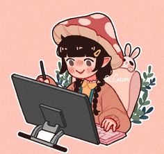 a woman sitting in front of a computer on top of a pink background with plants