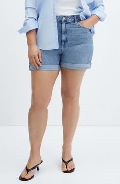 Modeled after mom shorts from the '90s, this nonstretch-denim pair with a high waist brings relaxed, classic style to any casual outfit. Zip fly with button closure Five-pocket style 100% cotton Machine wash, line dry Imported Trendy Medium Wash Relaxed Fit Bermuda Shorts, Trendy Relaxed Fit Medium Wash Bermuda Shorts, Summer Medium Wash Jean Shorts With Rolled Hem, Summer Jeans With Rolled Hem In Medium Wash, Spring Jean Shorts With Rolled Hem In Medium Wash, Casual High Waist Jean Shorts With Rolled Hem, Casual Denim Bermuda Shorts, Summer Denim Jeans With Rolled Hem, Relaxed Fit Jean Shorts With Rolled Hem For Spring