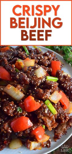 a close up of a plate of food with the words crispy being beef on it