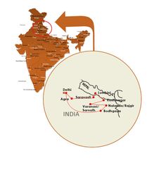 the india map is shown with an arrow pointing to different cities and towns on it