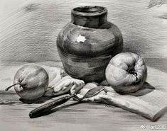 a drawing of apples and a vase on a table with an apple slice next to it