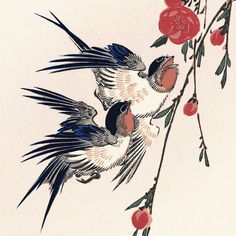 two birds sitting on top of a branch with red berries hanging from it's sides