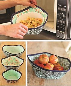 four different bowls with apples in them and one being put into the microwave to eat