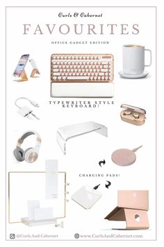 the contents of a computer keyboard, mouse and other items in white with gold accents