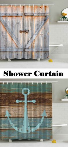 two shower curtains with an anchor on them and the words shower curtain written in white