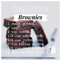 chocolate brownies on a white plate with text overlay that says sweet potato brownies