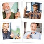 four different pictures of men with beards and holding small items in their hands,