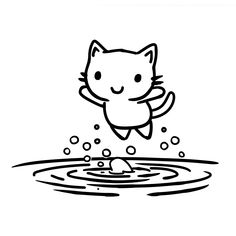 Easy Cat playing in water (free printable PDF black-and-white line drawing idea suitable for all, from beginners to advanced learners, including children, teens, adults, and seniors) Easy Cat Drawing, Cat Drawing Ideas, Cute Cartoon Faces