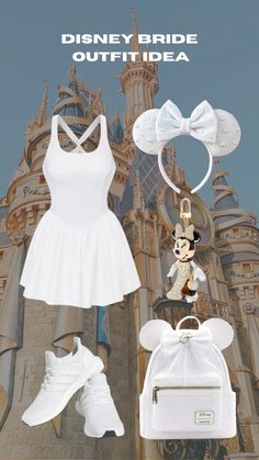 the disney bride outfit is white and has a mickey mouse head on it, along with other accessories