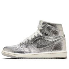 (WMNS) Air Jordan 1 Retro High OG 'Chrome' FN7249-001 Modern Silver Custom Sneakers For Sports, Silver Custom Sneakers With Boost Midsole, Silver Custom Sneakers With Boost Midsole For Sports, Metallic Silver High-top Sneakers For Sports, Metallic Silver High-top Sneakers For Streetwear, Silver Custom Sneakers For Sports With Round Toe, Silver Custom Sneakers With Round Toe For Sports, Modern Silver High-top Custom Sneakers, Wmns Air Jordan 1