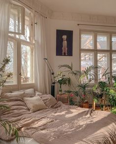 a bedroom with lots of plants in the window sill, and a large bed