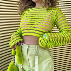 Neon Sheer Long Sleeve Top Green Open Knit Tops For Spring, Patchwork Crop Top, Striped Knitwear, E Girl Aesthetic, Sheer Long Sleeve Top, Stripe Outfits, Long Sleeve Striped Top, Aesthetic Women, Cropped Tops