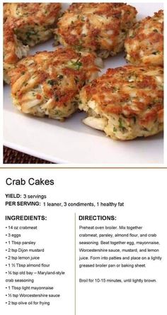 some crab cakes are on a plate with instructions for how to bake them in the oven