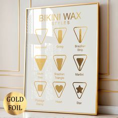 Bikini Wax Types Poster, Brazilian Waxing Styles Art, Hair Removal, Intimate Waxing, Beauty Salon Decor, Waxing Room Decor, Beautician Gift This art is made from PREMIUM REAL GOLD FOIL that sparkles and shines like magic! By using premium gold foil and premium high-density paper, you will get vibrant and eye-catching artwork.  Gold arts are perfect for home decoration, office decoration, birthday gift, and also as a sign of gratitude! The idea is to surprise and delight! HOW TO ORDER: Please sel Waxing Salon Ideas, Waxing Studio Decor, Brazilian Wax Styles, Wax Styles, Wax Ideas, Wax Room, Waxing Studio, Waxing Room, Wax Studio