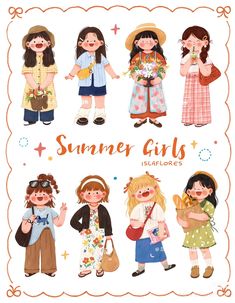 an illustrated poster with four girls in different outfits and the words summer girls on it