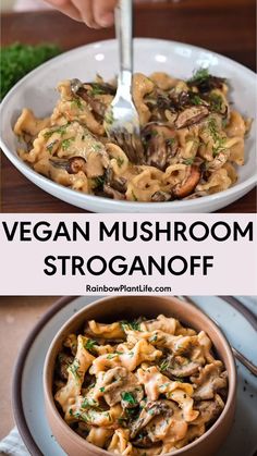 vegan mushroom stroganooffe in a bowl with a spoon