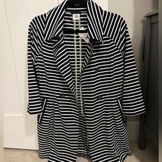 Nwt Blue And White Striped Cabi Maritime Trench Coat. Super Cute On! Casual Striped Outerwear For Work, Spring Striped Outerwear For Work, Chic Striped Long Sleeve Outerwear, White Stripe, Trench Coat, Blue White, Color Blue, Jackets For Women, Super Cute