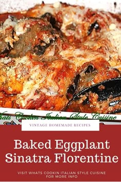 baked eggplant, tomato and cheese casserole in a white dish with text overlay