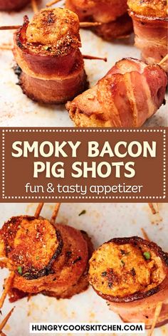 bacon and cheese appetizers are served on skewers with the words smoky bacon pig shots