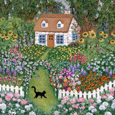 a painting of a dog walking through a garden with flowers and a house in the background