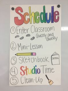 a poster with the words schedule written in different colors on it, including pencils and crayons