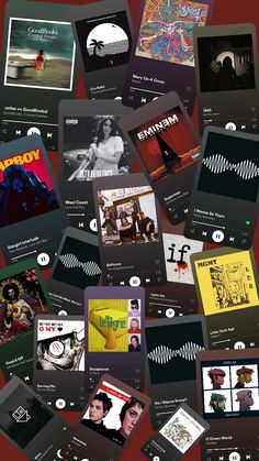 an image of many different album covers on a red background