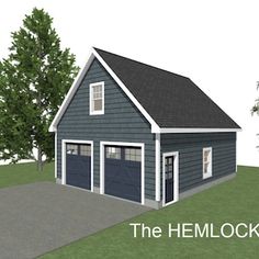 a two car garage is shown with the words the hemlocks on it's side